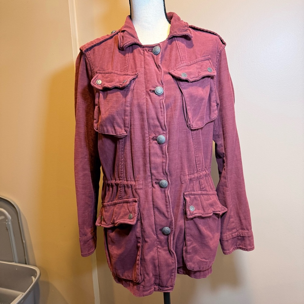 Free People Not Your Brothers Jacket S‎ Maroon Full Zip Cargo Utility Military